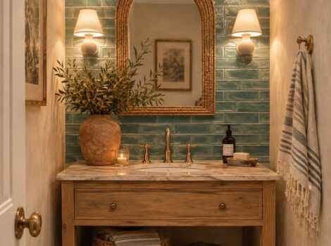 Green glazed terracotta feature wall behind a vanity.