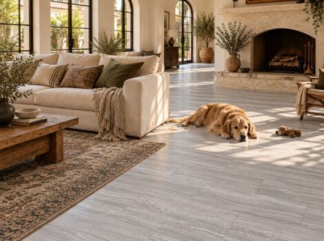 Los Angeles living room with honed gray porcelain floor tiles.