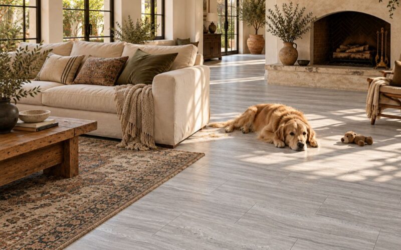 Los Angeles living room with honed gray porcelain floor tiles.