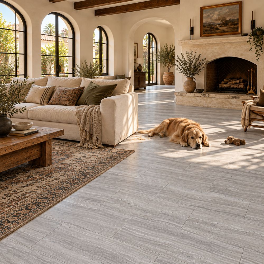 Los Angeles living room with honed gray porcelain floor tiles.