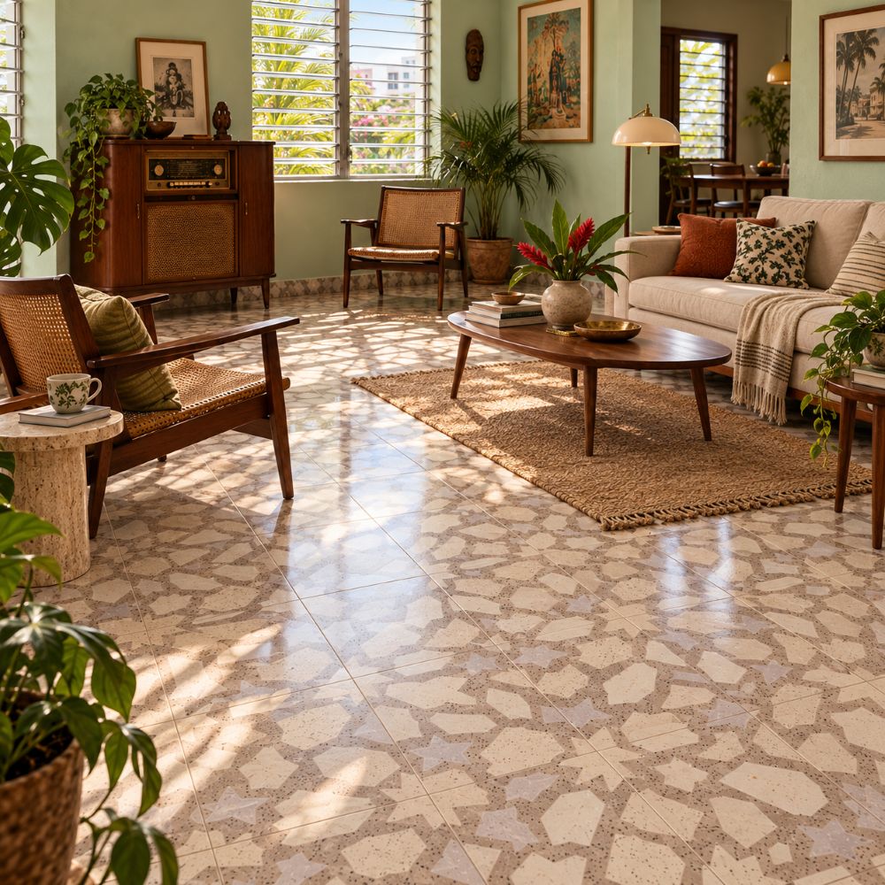 Puerto Rico living room with a patterned cement tile floor.