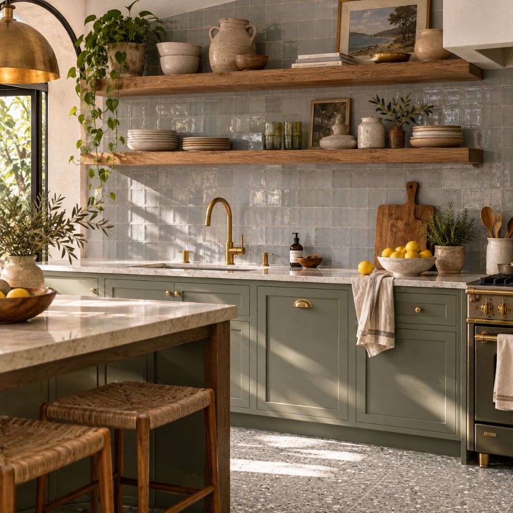 Light gray zellige backsplash beside a restored terrazzo floor in a South Florida kitchen.