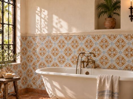 Glazed terracotta wainscot in a Miami Mediterranean bathroom.