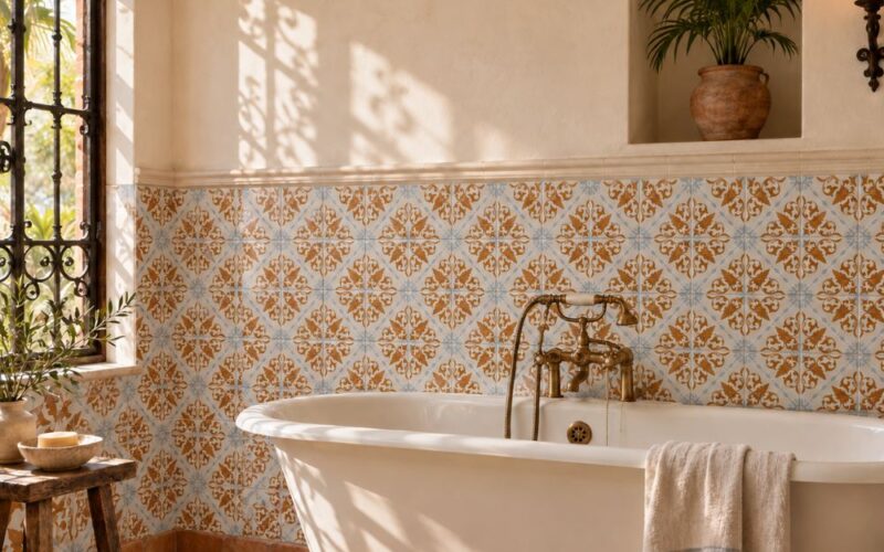Glazed terracotta wainscot in a Miami Mediterranean bathroom.