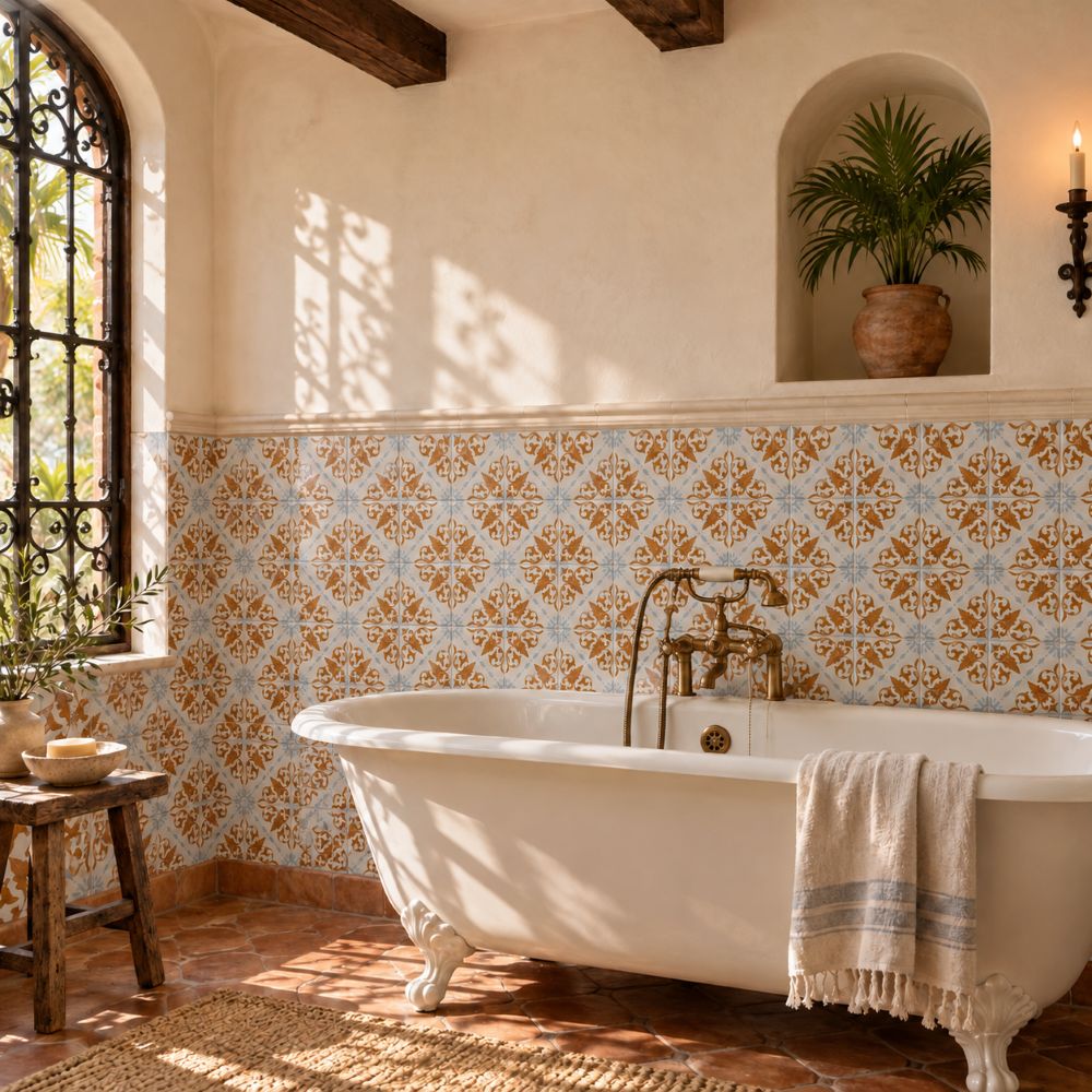 Glazed terracotta wainscot in a Miami Mediterranean bathroom.