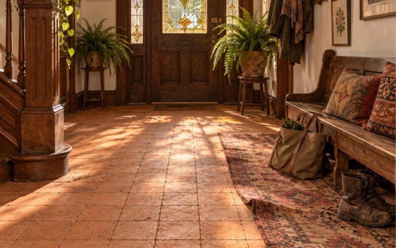 Natural terracotta entry floor in a New York house.