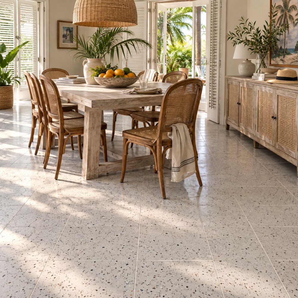 Matte white terrazzo tile floor in a South Florida dining room.