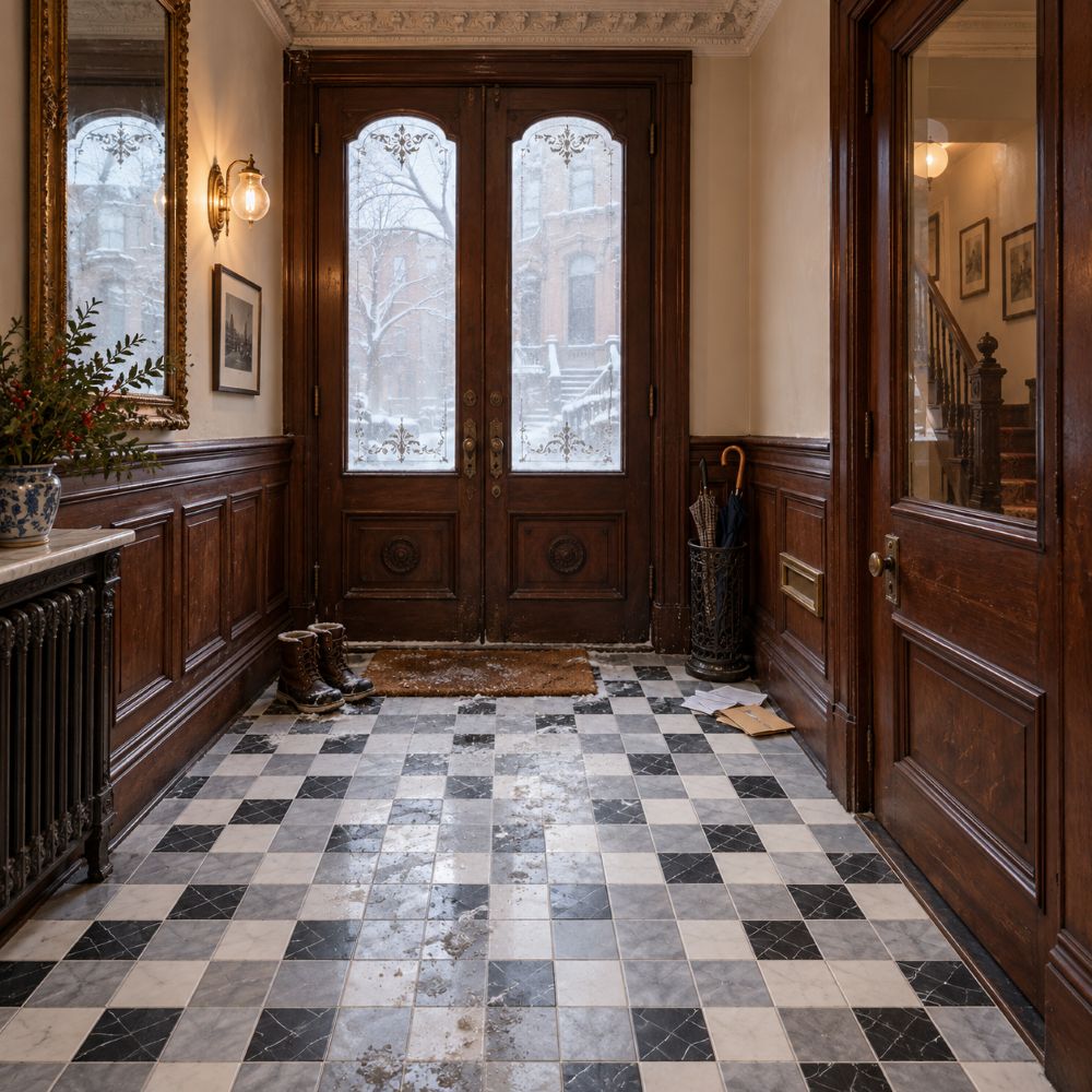 New York brownstone vestibule with honed marble mosaic floor.