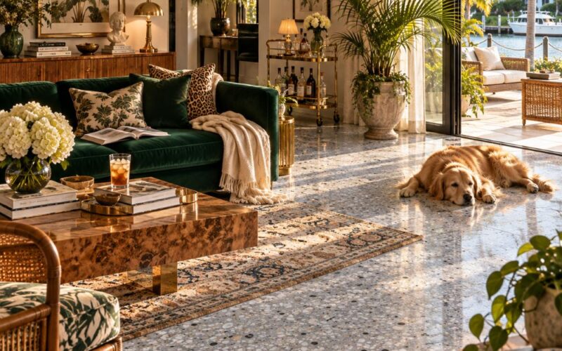 Polished gray terrazzo tile in a sunlit South Florida living room.