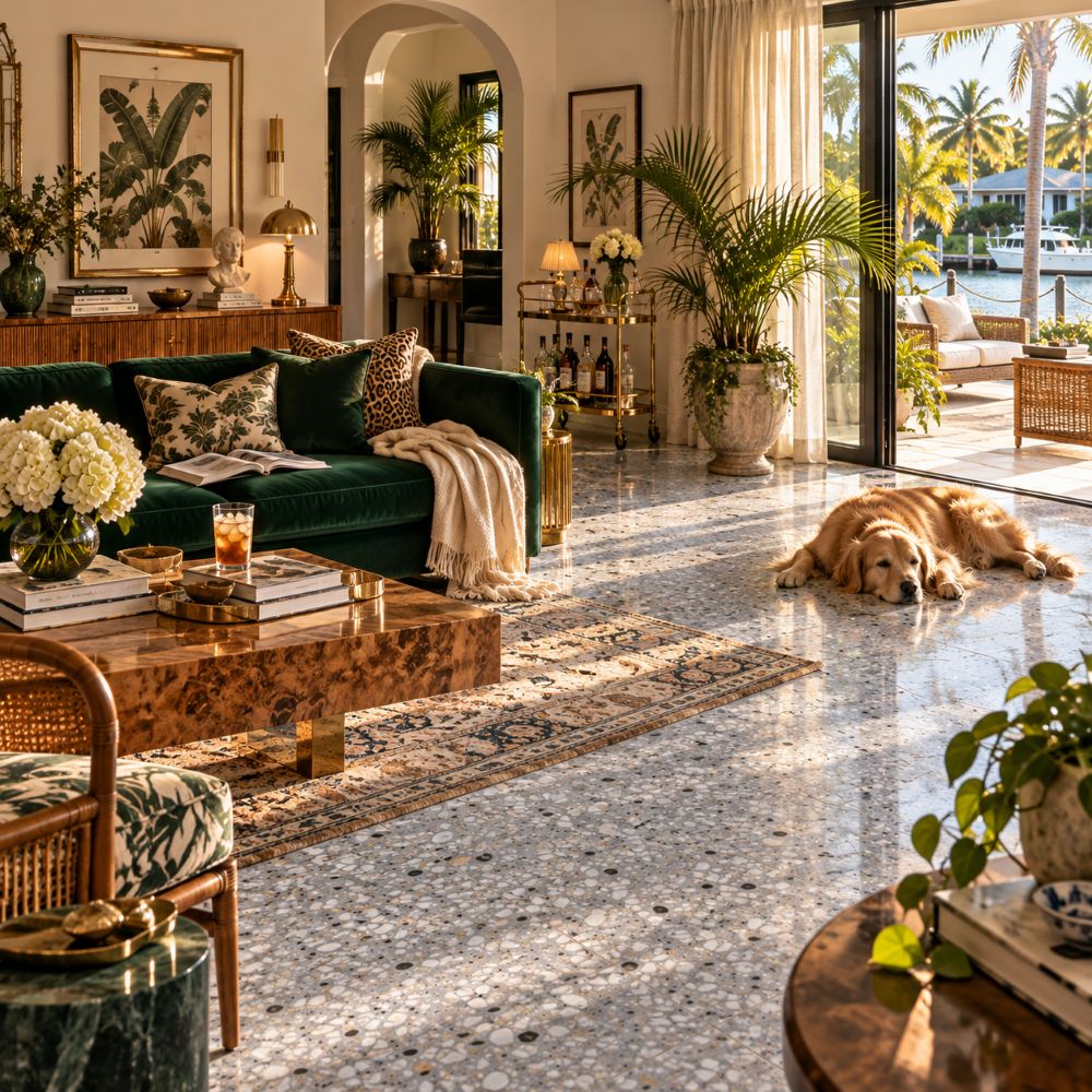 Polished gray terrazzo tile in a sunlit South Florida living room.