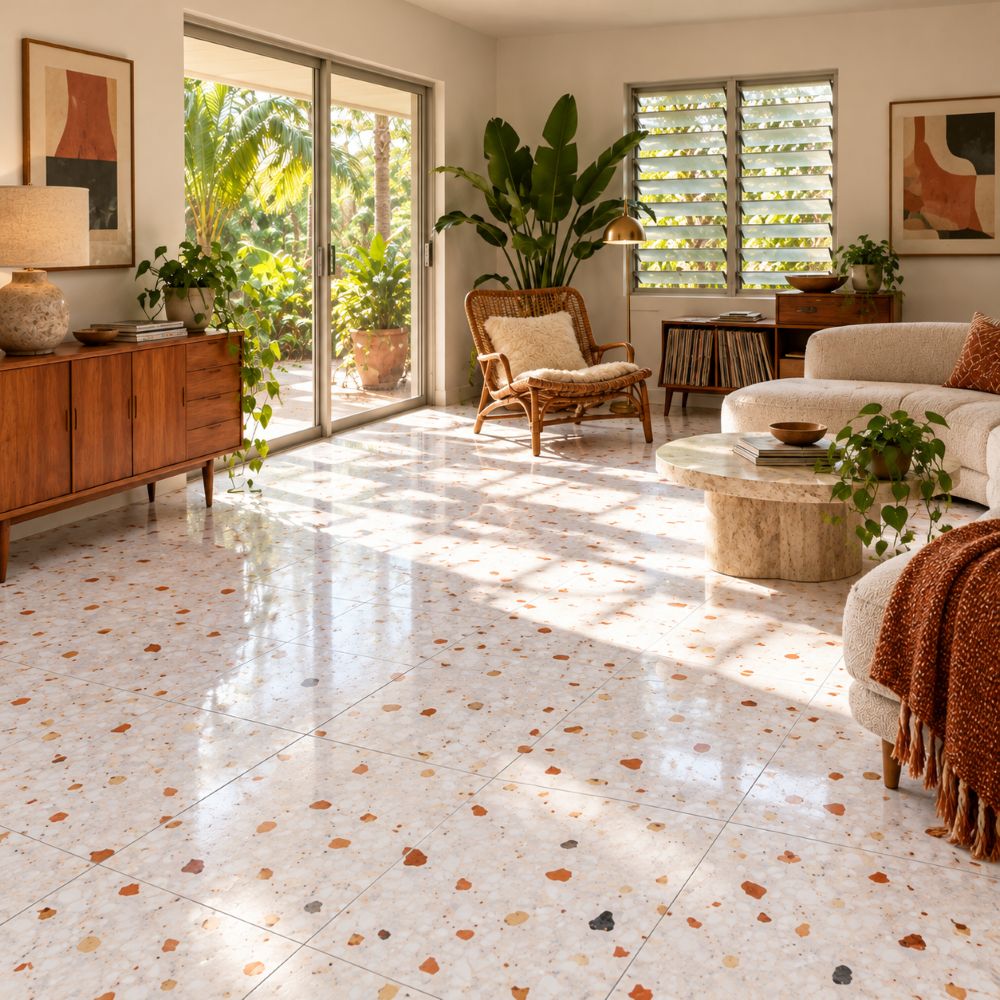 Polished gray terrazzo tile floor in a South Florida living room.