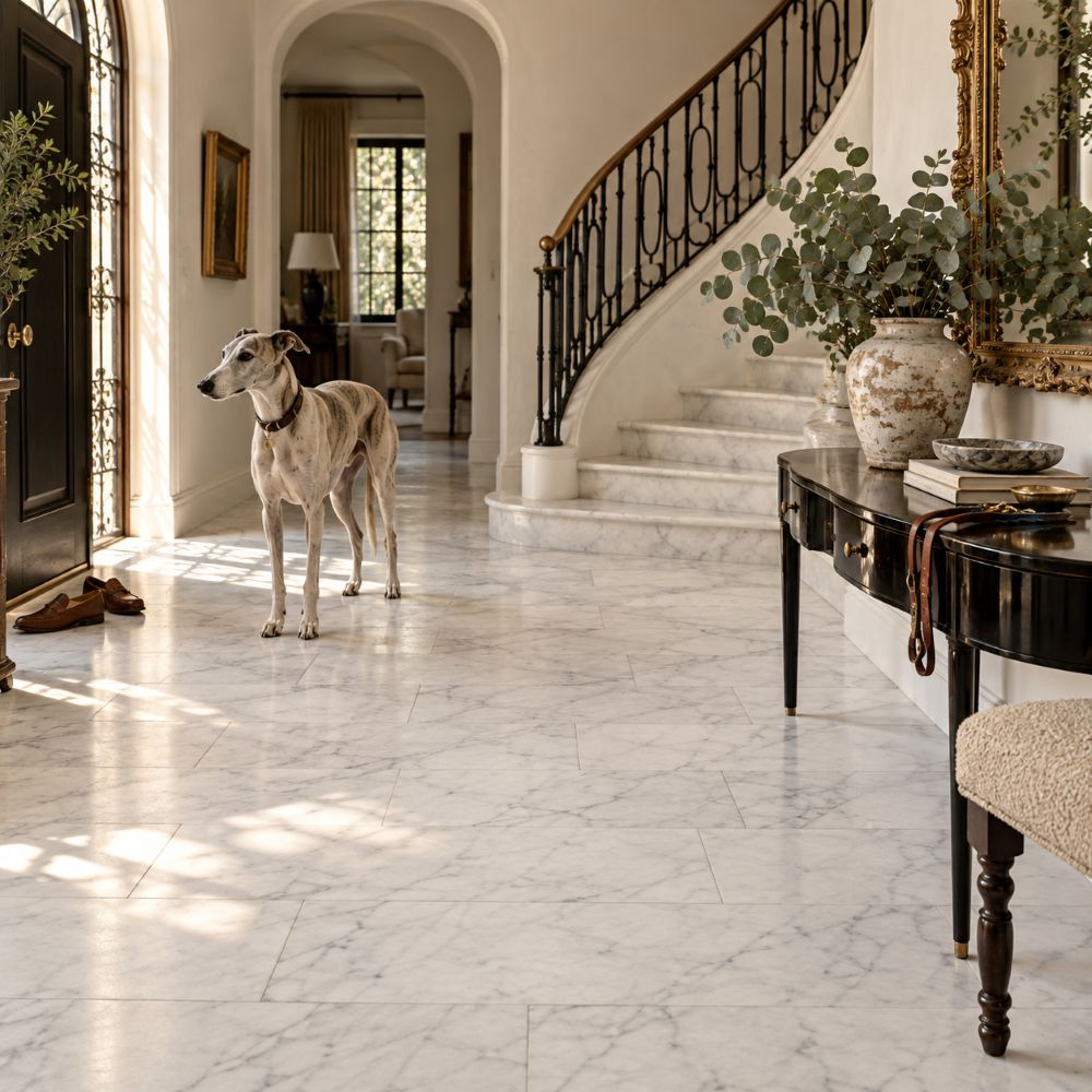 Honed Carrara marble entry floor in a Los Angeles home.