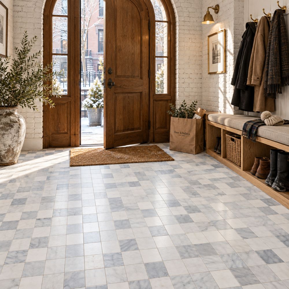 White marble mosaic entry floor in a New York home.