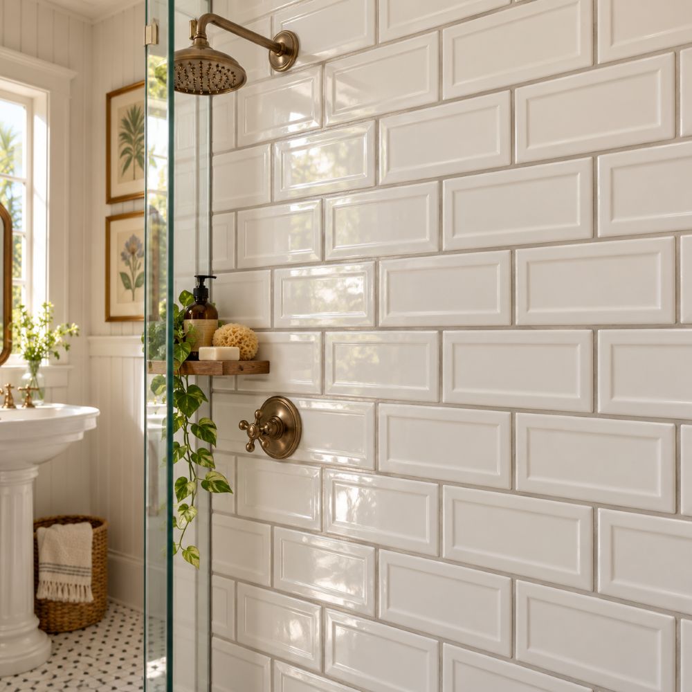 White glossy subway shower tile with warm gray grout, Miami.