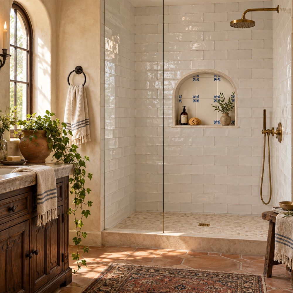 Handmade white zellige shower niche in a Spanish Revival home in Anaheim.
