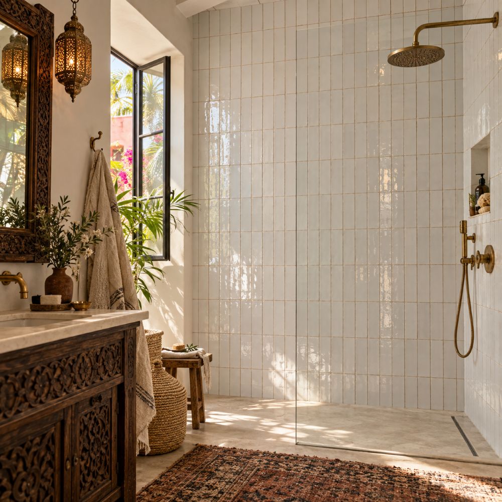 White zellige shower wall for a humid bathroom in Miami.