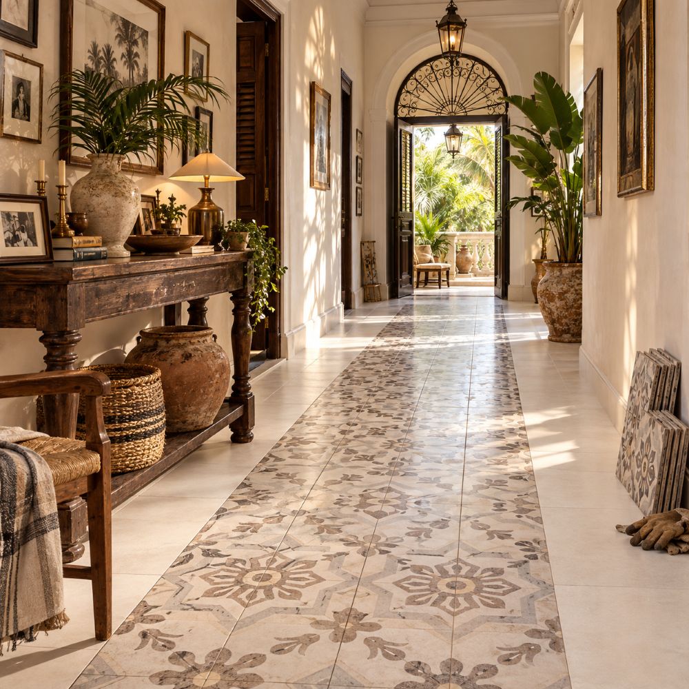 Puerto Rico hallway with cement tile runner framed by white porcelain tile. 