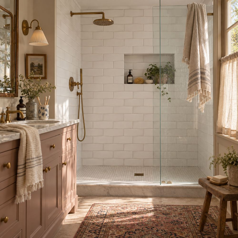 Matte white subway shower tile in an Anaheim bungalow.